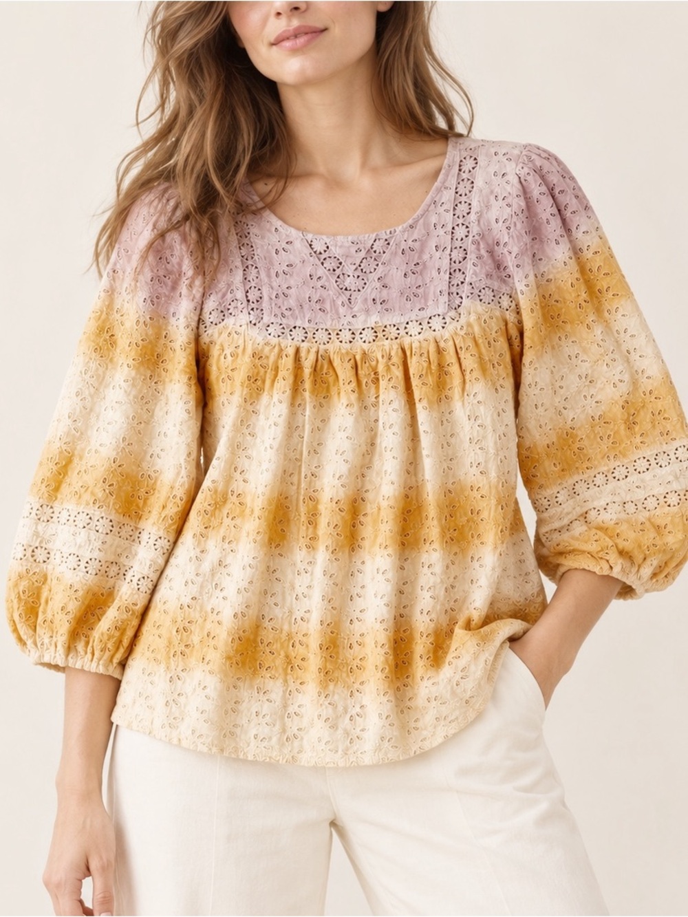 Eri + Ali Anthropologie Woman Eyelet Ombre Relax Peasant Top SMALL Dainty Boho
